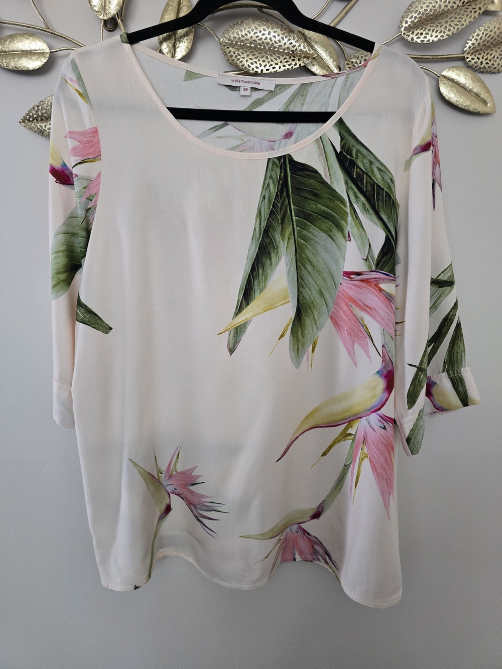 Cream Tropical Floral Scoop-Neck Blouse Sz S-M